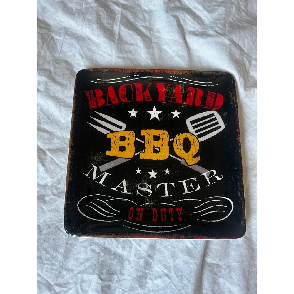 Certified International Backyard BBQ Master Square Ceramic Appetizer Plate Black